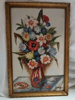 Virág csendélet olaj festmény farost hordozón "Jakab" szignóval - 41 x 64 cm