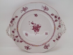 Herendi purpur Apponyi mintás nagyméretű füles tál, sérült rózsákkal. 31,8 cm