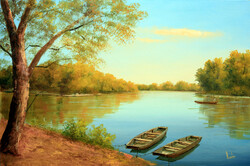 Lantos György: Ladikok a Tiszán 40x60 cm