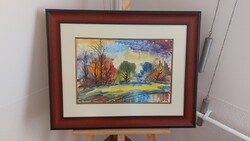 (K) Komiszár János gyönyörű akvarell festménye  75x60 cm kerettel