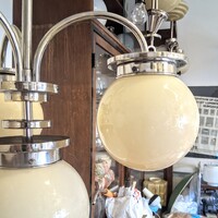 Art deco - Streamline - Bauhaus 4 égős nikkelezett csillár felújítva - krémszínű gömb búrák