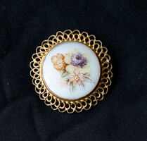 Viktoriánus stílusú aranyszínű bross porcelán?/üveg képpel - vintage melltű, kitűző