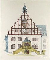 1V370 Christa Oehlke: Plauen régi városháza litográfia 39 x 33 cm