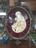 Vallási Alabástrom Madonna Szentkép,Bronzírózott,Domború Üveges,Jelzett Fémkeretben.41 cm.