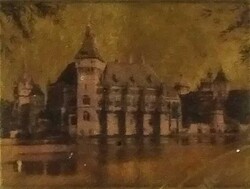 1V868 Vajdahunyad vára 23 karátos arannyal aranyozott miniatúra kép keretezve 9 x 10 cm