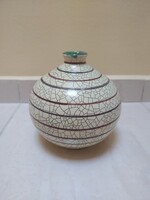 Iparművészeti retró csíkos gömbváza, hibátlan, jelzett, 14 x 14 cm