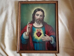 Kép 001 - Jézus Krisztus Égő Szíve - antik print - keret 35,5x45,5cm kép 31x41cm