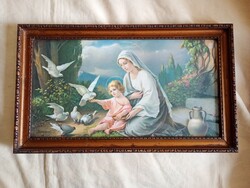 Kép 005 - Mária és kis Jézus galambokkal - antik print - keret 43x25cm kép 37x19,5cm Giovanni