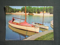 Képeslap,Balaton part,Balatonföldvár,móló,kikötő,vitorlás hajó,sétahajó látkép,részlet,1975-