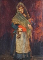 Antik olajfestmény: Anya gyermekével