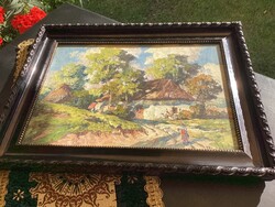 Pintér László festőművész olaj vászon falusi tájképe az 1910-s évekből