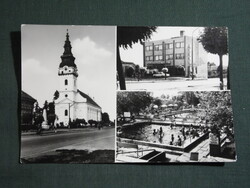 Képeslap,Tótkomlós,templom,takarékszövetkezet,strand,utca látkép,részlet,1975-