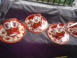 4 db antik  KUTANI vörös-arany madár, virág mintával kézzel festett porcelán kávés  csésze + 4 alj﻿