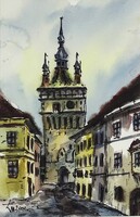 1V386 Gótikus kaputorony jelzett akvarell 30.5 x 21.5 cm