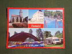 Képeslap,Tamási,mozaik,Bank,templom,strand,kemping látkép,részlet,1985-