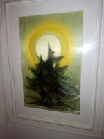 MACSKÁSSY IZOLDA NAGY MÉRETŰ SELYEMKOLLÁZS " Napfelkelte a fenyvesekben" - Art&Decoration