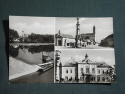 Képeslap,Tolna,mozaik,Duna part,Főtér,szentháromság szobor,templom,tanácsháza látkép,részlet,1965-