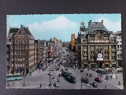 Régi képeslap Hollandia, Amszterdam Damrak - villamossal 1962
