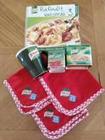 Knorr 2 fémdoboz, bögre, receptkönyv és 3 hímzett kis terítő