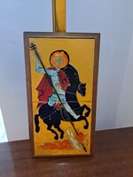 Sárkányölő Szent György jelzett (BZS) kerámia/csempe kép bronz/réz berakással