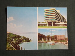 Képeslap,Tihany,mozaik,Balaton part,szálló,étterem,vitorlás hajó látkép,részlet,1978-