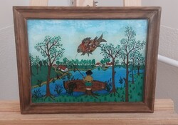 Szép naív életkép festmény üvegen 35x27 cm kerettel