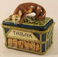 Antik majolika mázas kerámia bonbonier - rókás dohánytartó