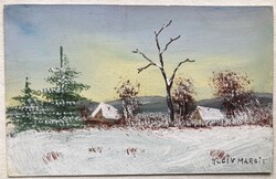 Téli táj I, kézzel festett, jelzett, antik gyűjtői képeslap - Klein Margit, 1910-es évek