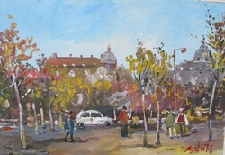 Bánfi - "Eltűnt kupolák nyomában..." Budai park - (olaj,karton 23×33 cm)