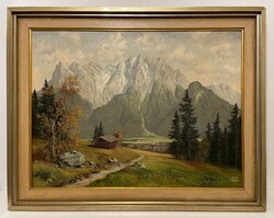 Garantáltan eredeti! Meyer Muenchen -Berchtesgaden 1890 nagy méretű olaj, vászon festmény! 1 Ft-ról!