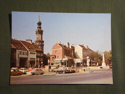 Képeslap,Sopron,Lenin körút,tűztorony,utca,trafik,Lada,Trabant autó látkép,részlet,1985-
