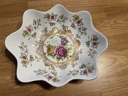 Gyönyörű nagy cakkos szélű rózsás, dúsan aranyozott porcelán kináló