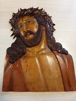 Régi, fából készült Jézus Krisztus Pantokrátor dombormű (42x31 cm).5 cm)