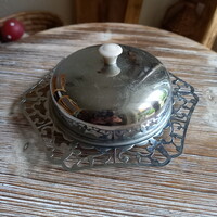 Régi áttört, üvegbetétes acél lekvártartó (16x6 cm)