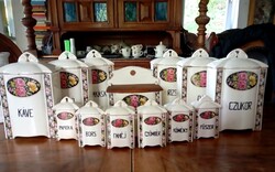 Antique faience spice set with rose medallion - Hungarian language - 13 pcs - art&decoration