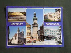 Képeslap,Sopron,mozaik,Főtér,templom,tűztorony,uszoda,üdülő,szálló látkép,részlet,1988-