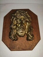 Jézus Krisztus réz fém dombormű falidísz relief fa lapon - 16*19,5 cm