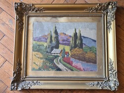 Közepes méret vintage hangulatú tájkép gobelin gyönyörű hibátlan arany színű blondel keretben