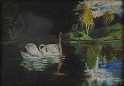 1V307 Régi jelzett pasztel kép : Hattyúpár a tavon