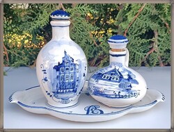 Holland Bols porcelán, Delft Blue "Zenith Gouda" 1-1,5 dl-es, ecet-olaj kínáló szett, tállal.