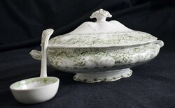 Szószos tál és kanál porcelán kínáló domború , zöld minta 12 x 14 cm , angol