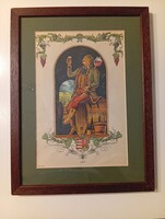 Régi keretezett borász litográfia 30.5 x 23 cm