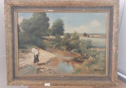 Gruber szignóval tájképfestmény hátulján bélyegzésekkel Kassa 82x64 cm kerettel