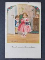 Régi rajzos francia ART DECO képeslap, kislány virágcsokorral, köszöntőlap 1938