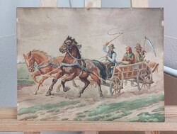 (FBL6) Szép lovasfogat akvarell festmény 28x36 cm