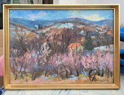 Zirkelbach László olajfestmény, arany keretben - erdei táj a hegységben