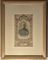 Eredeti Ferenc József-litográfia aranyozott, dombornyomott áttört paszpartuval, igényes keretben
