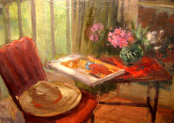 ÁRON ALUL ! GYÖNYÖRŰ ID.SZÉKÁCS ZOLTÁN / 1921 -1983 / FESTMÉNY: ENTERIŐR KALAPPAL