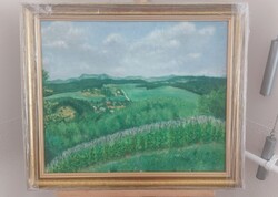 Somogyi Szántó Béla (1945- ) képcsarnokos tájkép festmény 69x59 cm kerettel