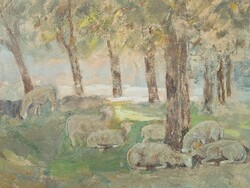 SZUPER ÁR! Pihenő nyáj (régi olajfestmény) bárányok az erdőben